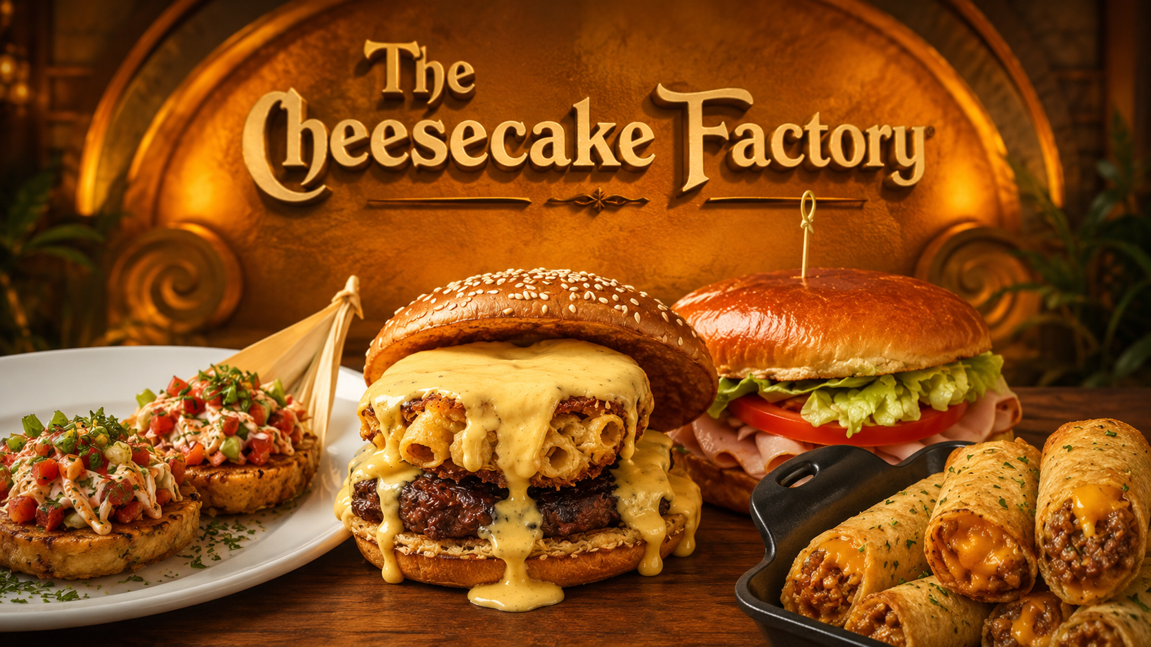 The Cheesecake Factory signature dishes including a mac-and-cheese burger, egg rolls and appetizers on a wooden table with the restaurant's golden sign in the background