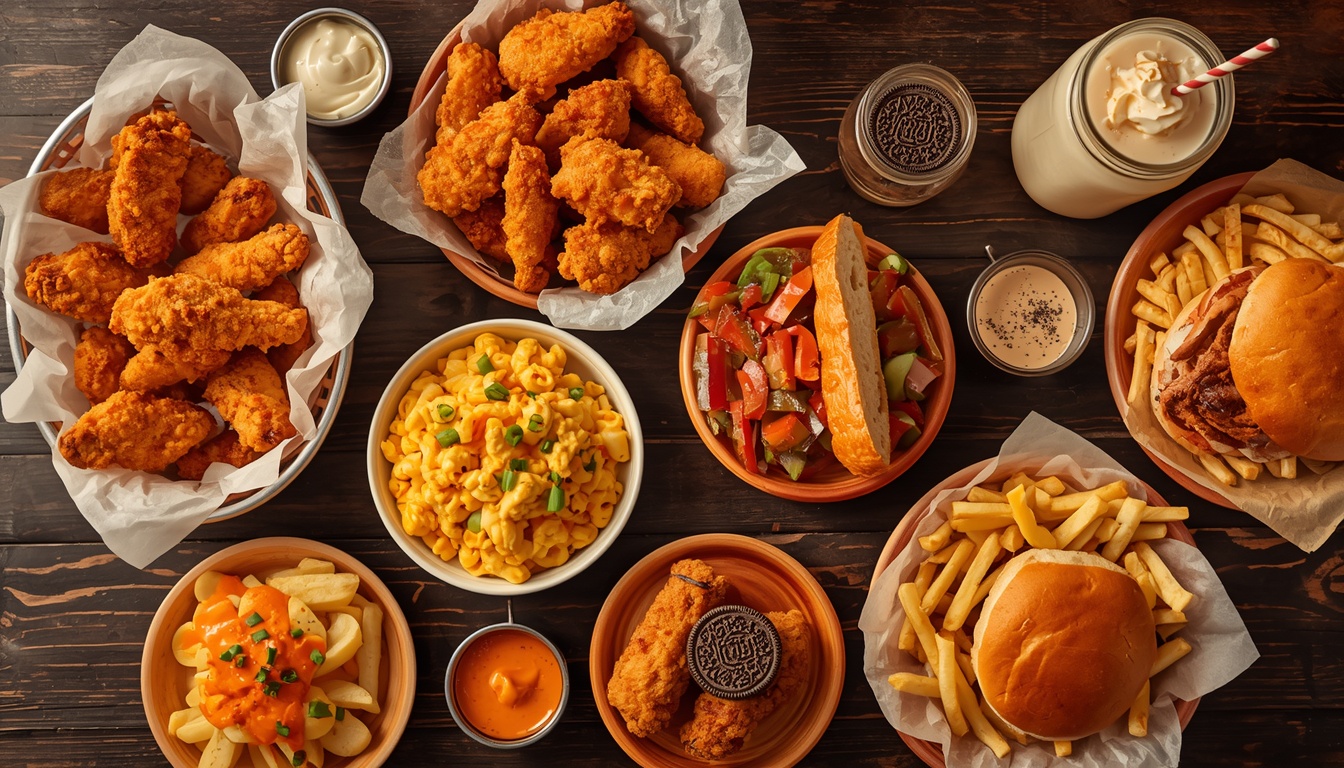 Slim Chickens 2026 menu spread with hand-breaded tenders, sauced wings, mac and cheese, crinkle fries, chicken sandwich and a hand-spun milkshake on a wooden table