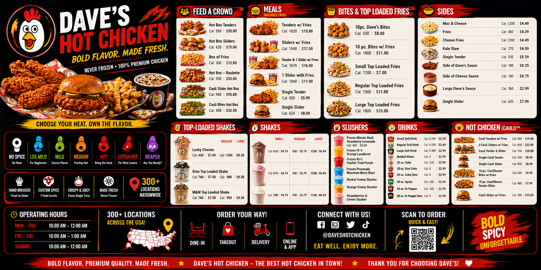 Dave's Hot Chicken 2026 menu board with tenders, sliders, sides, shakes and slushers